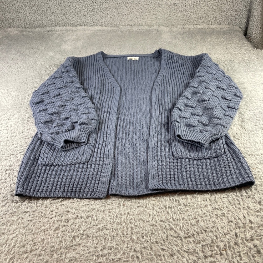 & merci Blue Knit Cardigan Sweater Textured Balloon Sleeves Pockets Size S